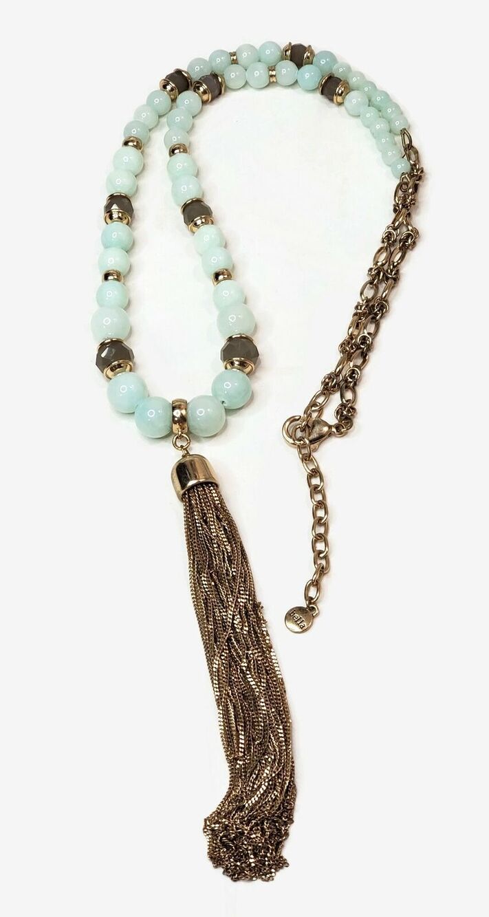 Bella Jack Pale Green Glass Bead Gold Tone Chain Tassel Necklace 31"